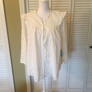 CeCe Creamy White Eyelet Ruffles Cotton Prairie Breezy Top Size 3X